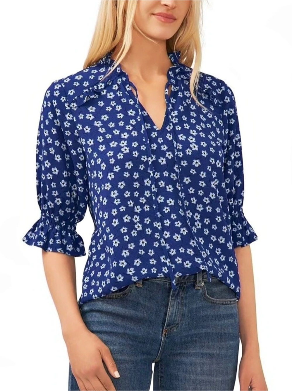 CeCe Printed Tie-Neck Ruffled Sleeve Blouse Blue & White NWT